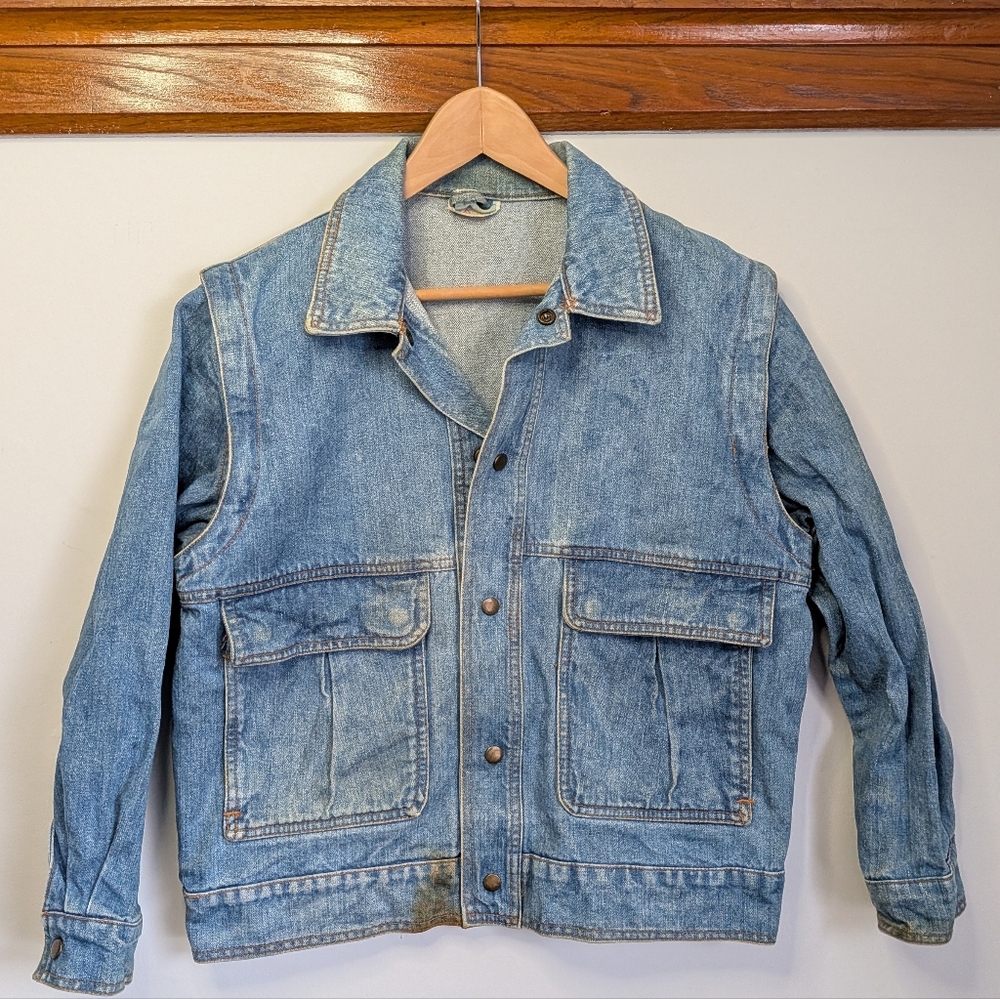 Vintage 70s Sears Denim Jean Jacket Womens 16 Zip Off Vest Retro Blue Distressed